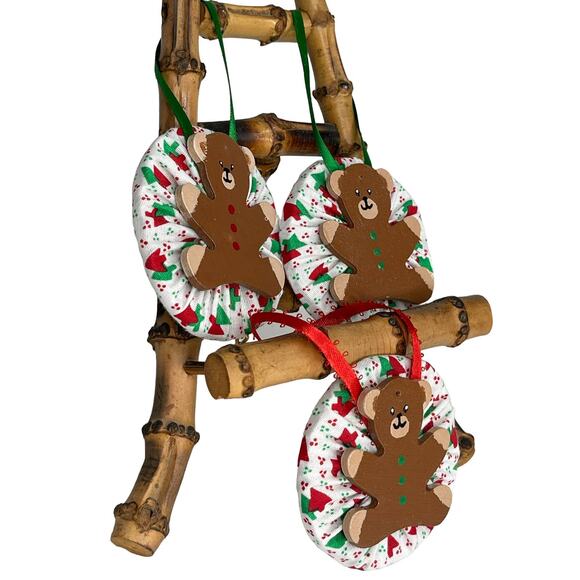 Handmade Wooden Teddybear and Fabric Christmas Tree Ornaments Set of 3 - Picture 7 of 9